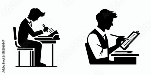 A Teacher grading papers. Career Job Profession Occupation Employment Work Clipart Line Art Vector Illustration. Educator marking coursework school employee evaluating pupil homework.