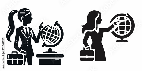 A Teacher pointing at globe. Career Job Profession Occupation Employment Work Clipart Line Art Vector Illustration. Educator indicates world model geography lesson scholastic concept.