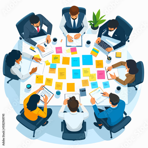 Diverse team collaborates at a table covered with sticky notes, documents and coffee cups, brainstorming and problem-solving, in a flat vector illustration.