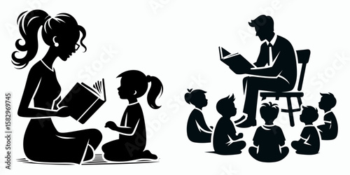 A Teacher reading to children. Career Job Profession Occupation Employment Work Clipart Line Art Vector Illustration. Educator sharing story with kid school book time learning concept.