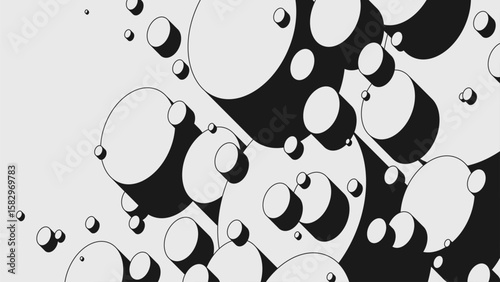 Abstract modern composition in brutalism style, Postmodern geometric ornament with simple shapes in black and white colors, bold aesthetic, monolithic volumetric cylinders levitate in space