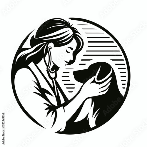 A Veterinarian comforting pet. Career Job Profession Occupation Employment Work Clipart Line Art Vector Illustration. Animal doctor giving care to sick creature providing support and solace.