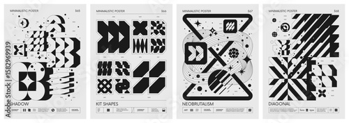 Brutalism style vector minimalistic Posters with silhouette postmodern figures, Futuristic abstract graphic wireframe elements of geometric shapes rave composition, Trendy modern print artwork set 92
