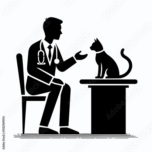 A Veterinarian discussing with owner. Career Job Profession Occupation Employment Work Clipart Line Art Vector Illustration. Animal doctor chatting pet parent giving advice about health.