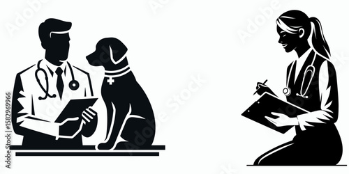 A Veterinarian discussing with owner. Career Job Profession Occupation Employment Work Clipart Line Art Vector Illustration. Animal doctor chatting caretaker about pet care and wellbeing.