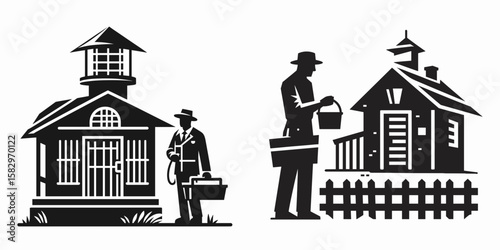 A Zookeeper building habitat. Career Job Profession Occupation Employment Work Clipart Line Art Vector Illustration. Animal expert constructing enclosure creating safe zone for wildlife.