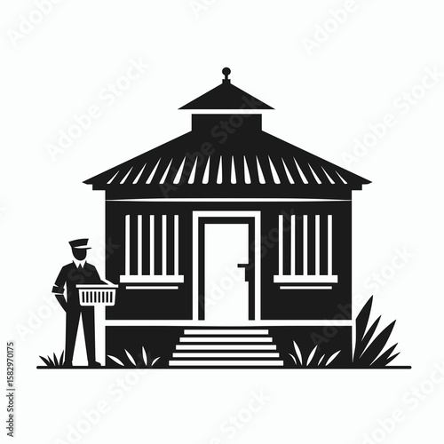 A Zookeeper building habitat. Career Job Profession Occupation Employment Work Clipart Line Art Vector Illustration. wildlife caretaker making animal enclosure shelter creation project.