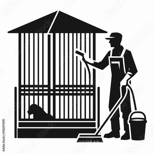 A Zookeeper cleaning enclosure. Career Job Profession Occupation Employment Work Clipart Line Art Vector Illustration. Wildlife caretaker maintaining habitat neat animal keeper tidying pen.