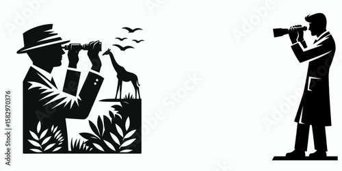A Zookeeper observing behavior. Career Job Profession Occupation Employment Work Clipart Line Art Vector Illustration. Keeper watching animal action in protected wildlife park.