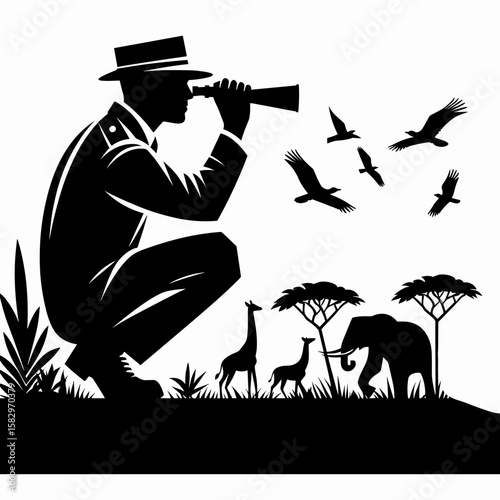 A Zookeeper observing behavior. Career Job Profession Occupation Employment Work Clipart Line Art Vector Illustration. Caretaker watching animal action at the zoo exhibit enclosure.