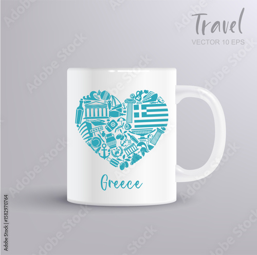Heart made of Greek icons in flat blue vector style with mug mockup. Great for travel prints, souvenirs and Greek culture projects.