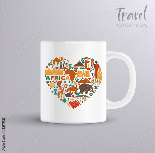 Vector heart of Africa made of ethnic elements and wildlife animals with mug mockup perfect for travel prints and souvenirs