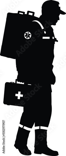 Paramedic with a first aid kit silhouette vector art black color design and solid white background 