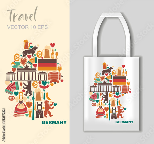 Vector map of Germany filled with cultural symbols and food elements shown with a tote bag mockup for travel or souvenir designs