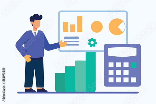 A man presents financial data with charts and a calculator