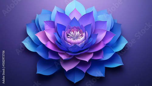 Handmade lotus art with purple-blue paper petals on minimal neutral background