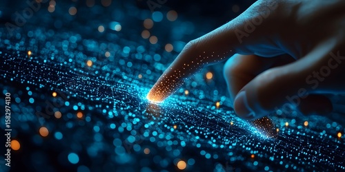 Finger activating glowing digital network with blue and orange b