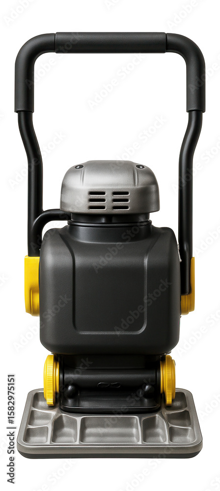 Naklejka premium Compact vibratory plate compactor with a removable handle for storage in tight spaces.