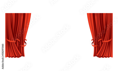Red curtains realistic. Theater fabric silk decoration for movie cinema or opera hall. Curtains and draperies interior decoration object. Isolated on transparent for theater stage