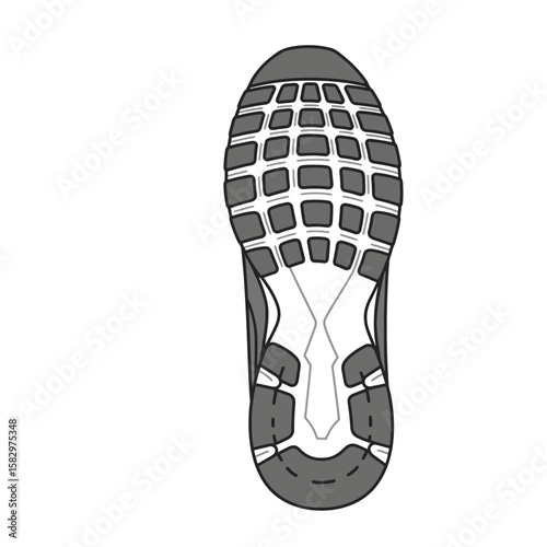 Bottom view of a gray athletic shoe sole with a geometric tread pattern against a white background.