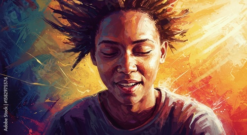 Expressive Young Woman with Spiky Hair Smiling Joyfully in Colorful Artistic Background