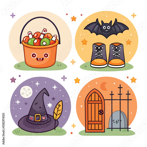 Halloween icons candy bucket bat witch hat graveyard gate