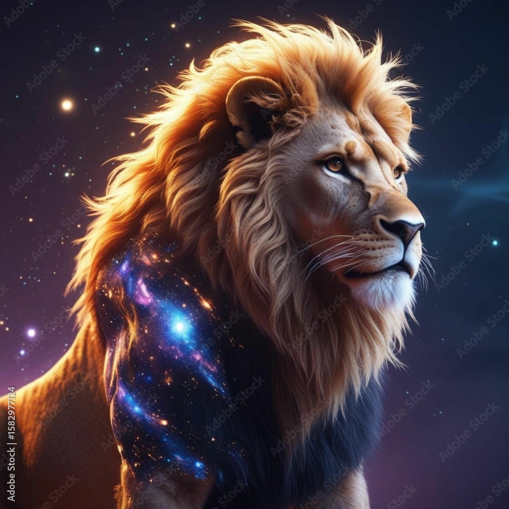 Naklejka premium Cosmic lion, stellar majestic 