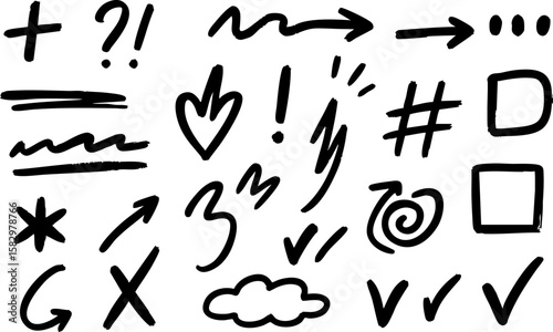 Bold hand-drawn marker doodle elements. Includes arrows, check marks, exclamations, hashtags, hearts, symbols, and decorative sketch icons for creative design use