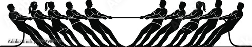 Tug of war vector, team competition silhouette, rope pulling sport illustration, teamwork challenge concept, group strength fitness contest design