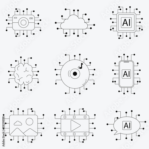 Vector set of minimalist black and white technology icons featuring AI brain cloud data multimedia and digital devices with circuit connections in clean line art style
