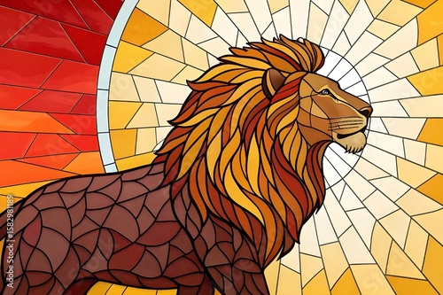 Majestic lion stained glass artwork with fiery mane and sunburst background