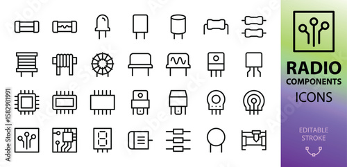 Radio electronic components icons set. Set of fuse, capacitor, resistor, crystal oscillator, inductor, transistor, semiconductor, relay, thermistor, rheostat, display cathode module vector icon