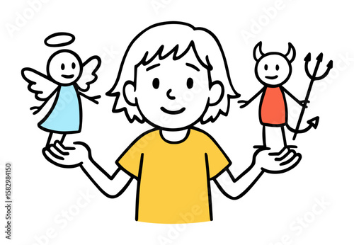 Girl Balancing Angel and Devil in Hands. Good vs Evil Concept, Holding Angel and Devil, Child Weighing Right and Wrong. Hand-Drawn Doodle Style Vector Illustration