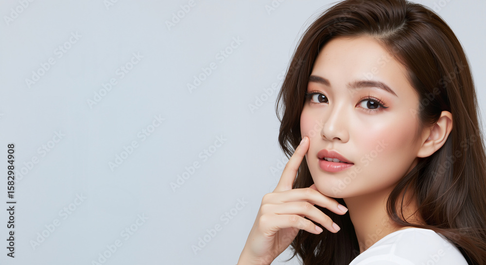 © NeuroCake - Young asian woman with natural makeup and clean skin on a grey background. Skincare and beauty concept. For cosmetics and dermatology advertising with copy space © NeuroCake - Young asian woman with natural makeup and clean skin on a grey background. Skincare and beauty concept. For cosmetics and dermatology advertising with copy space