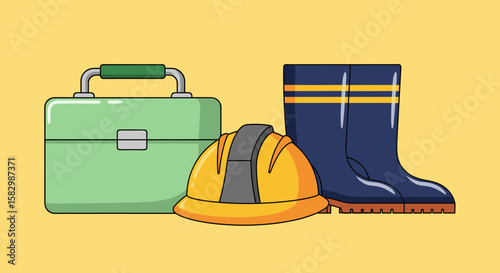 A green toolbox, yellow hard hat, and dark blue rubber boots are on a yellow background, suggesting construction work or a DIY project. The cartoonish style is perfect for illustrating safety, manual