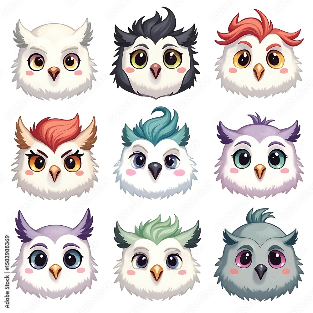 Fototapeta premium Colorful Cartoon Owl Faces with Various Styles for Children's Designs