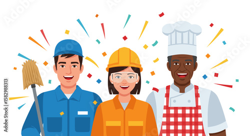 A group of smiling diverse professionals, including a cleaner, construction worker, and chef, celebrate their essential roles in the workforce.