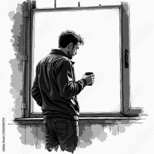 Man standing silently by window holding coffee mug in early morning loneliness  