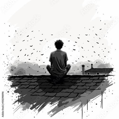 Teenager sitting on roof at dusk, quiet rebellion, solitude