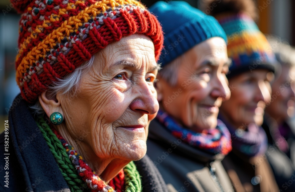 Fototapeta premium Woman wearing colorful knit hat and scarf in outdoor setting
