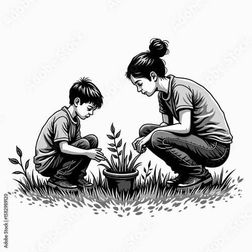 Mother and son planting a small plant together in the garden, concept of relationships, home, psychology  