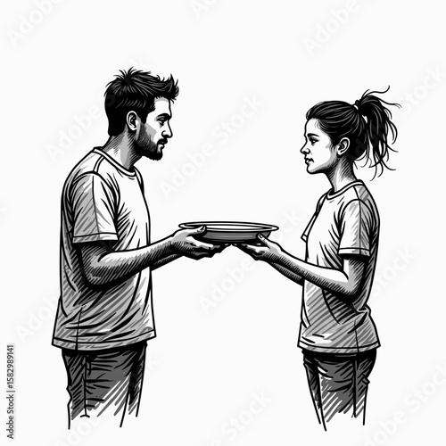 Man and woman exchanging bowl while looking at each other thoughtfully - Concept of relationships, domestic life, psychology  