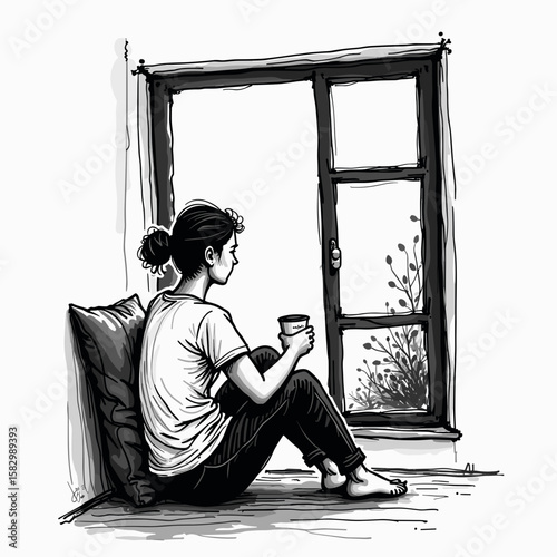 Young woman sitting on the floor by the window holding a cup  