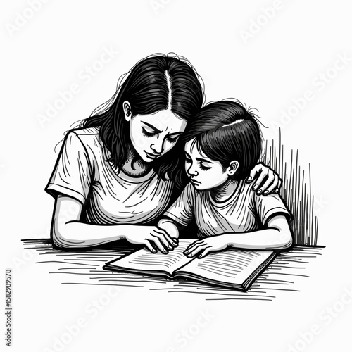 Mother reading a book to her child while sitting closely together  