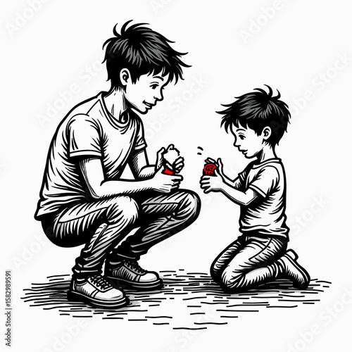 Older brother fixing toy for younger brother at home concept of relationships, daily life, psychology  