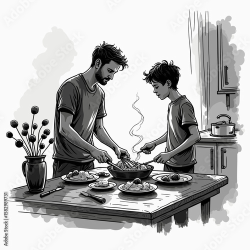 Father and son cooking together in kitchen, concept of relationships, daily life, psychology  