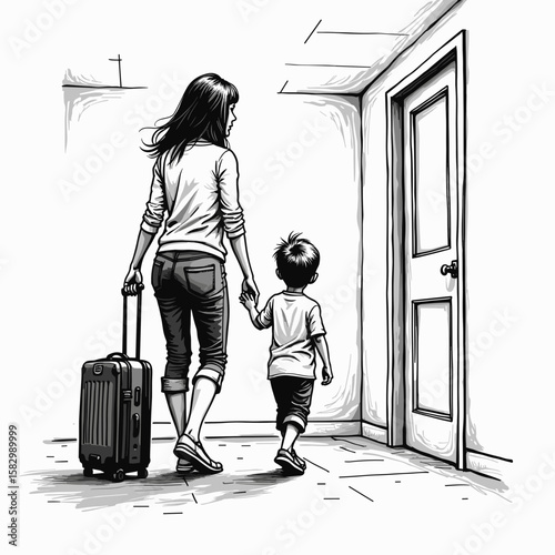 Woman leaving with suitcase and child, concept of emotional detachment  