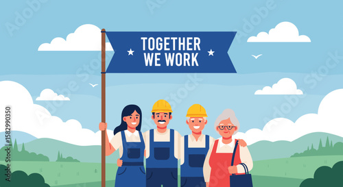 Diverse team of construction workers holding a flag that reads 'Together We Work' against a backdrop of rolling hills.