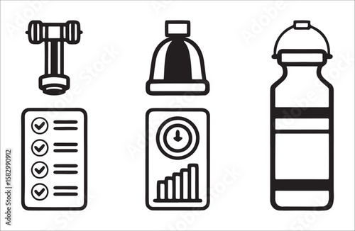 Fitness equipment and health tracking icons dumbbell