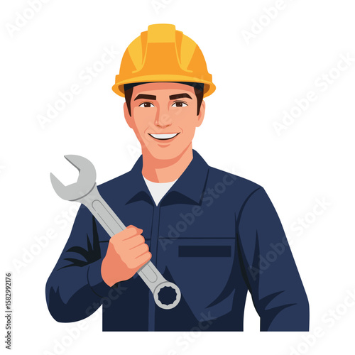 A smiling construction worker, wearing a yellow hard hat and blue uniform, holds a large wrench, representing maintenance and repair services on a white background.